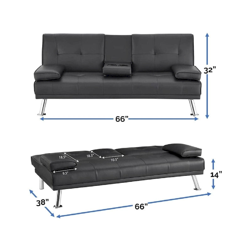 Futon Sofa Bed Couch with Armrest & Cupholders, Faux Leather Sofa Bed ...