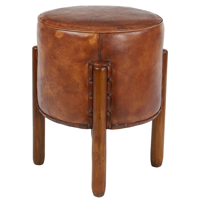 Tabouret en teck fait main en cuir rembourré avec pieds en bois - Marron - Roche River Decor
