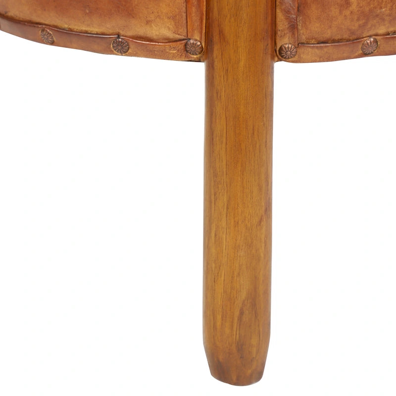 Tabouret en teck fait main en cuir rembourré avec pieds en bois - Marron - Roche River Decor