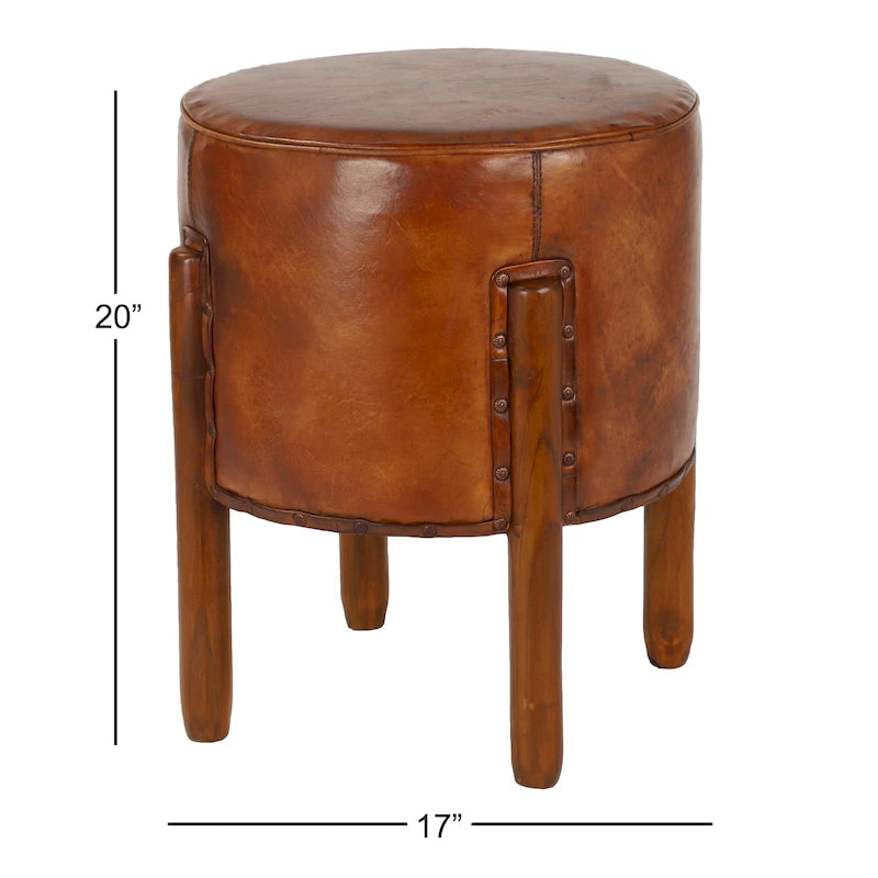 Tabouret en teck fait main en cuir rembourré avec pieds en bois - Marron - Roche River Decor