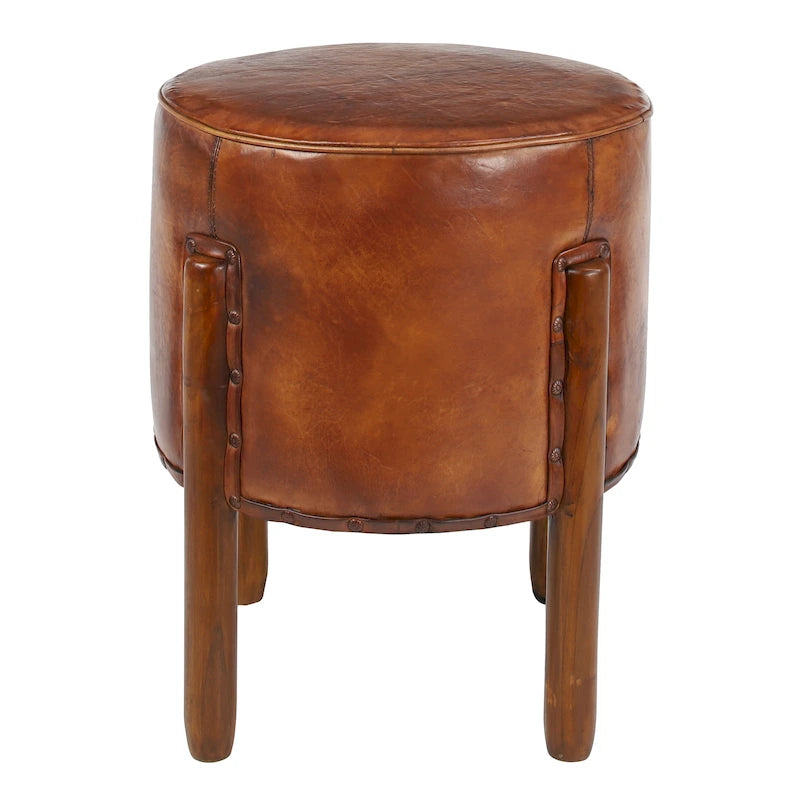 Tabouret en teck fait main en cuir rembourré avec pieds en bois - Marron - Roche River Decor
