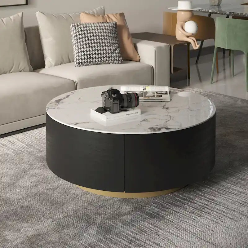 Table basse ronde moderne avec plateau en marbre, base en métal et 2 tiroirs