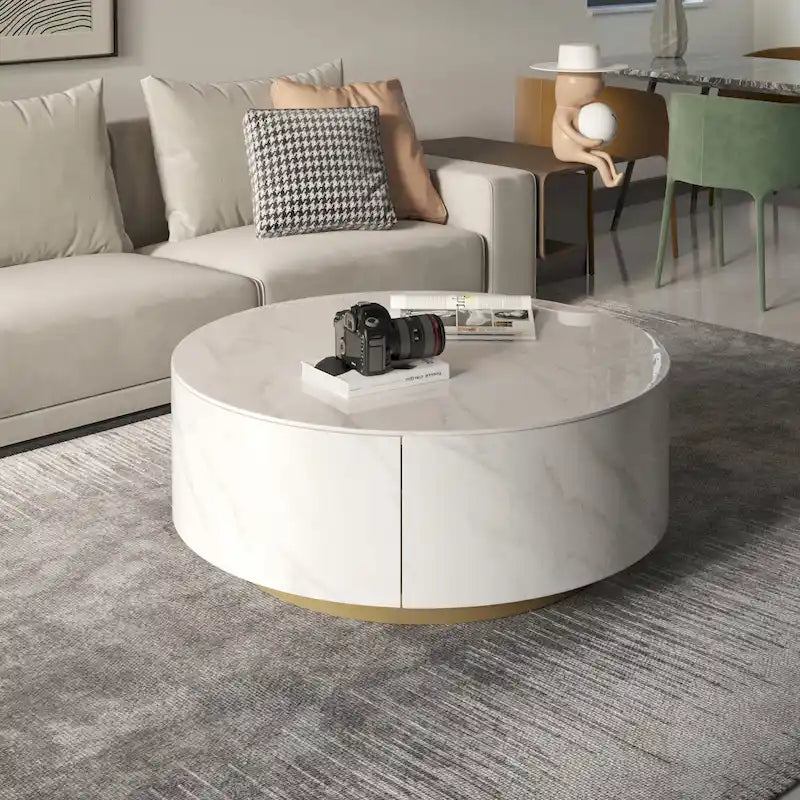 Table basse ronde moderne avec plateau en marbre, base en métal et 2 tiroirs