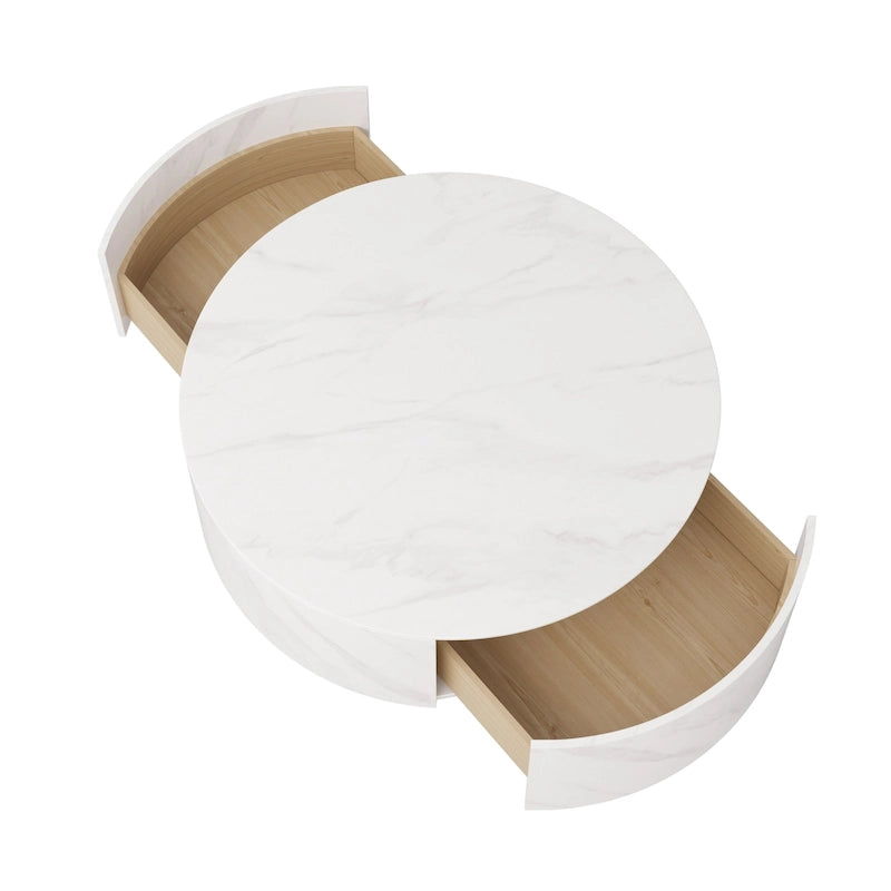 Table basse ronde moderne avec plateau en marbre, base en métal et 2 tiroirs
