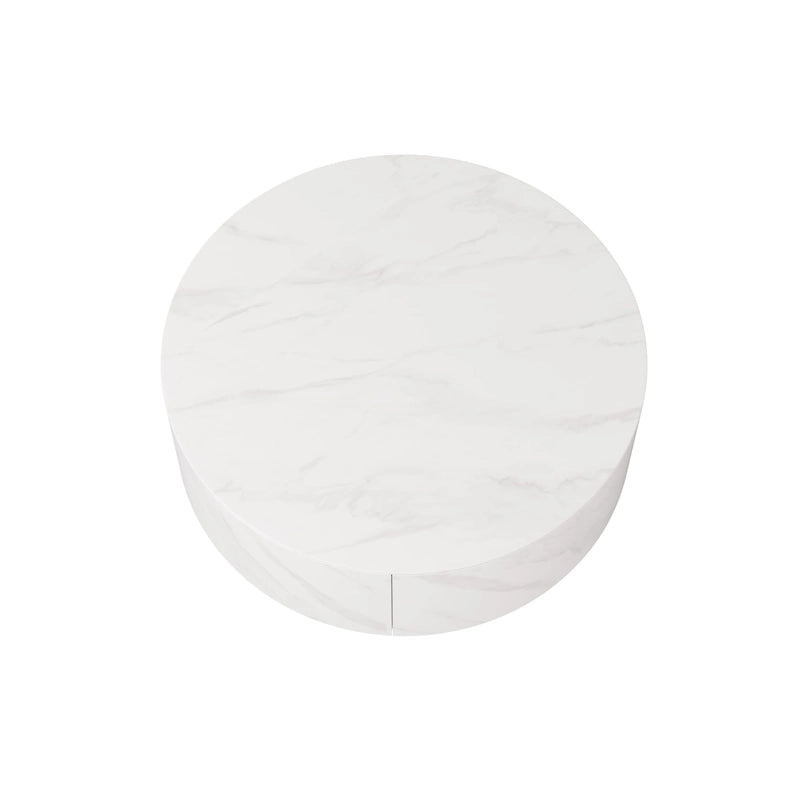 Table basse ronde moderne avec plateau en marbre, base en métal et 2 tiroirs