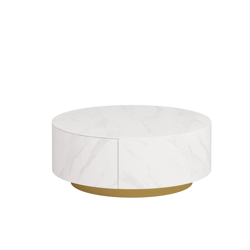 Table basse ronde moderne avec plateau en marbre, base en métal et 2 tiroirs