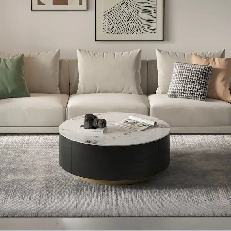 Table basse ronde moderne avec plateau en marbre, base en métal et 2 tiroirs