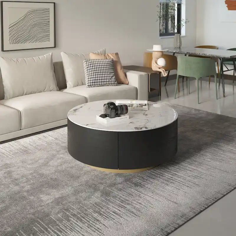 Table basse ronde moderne avec plateau en marbre, base en métal et 2 tiroirs