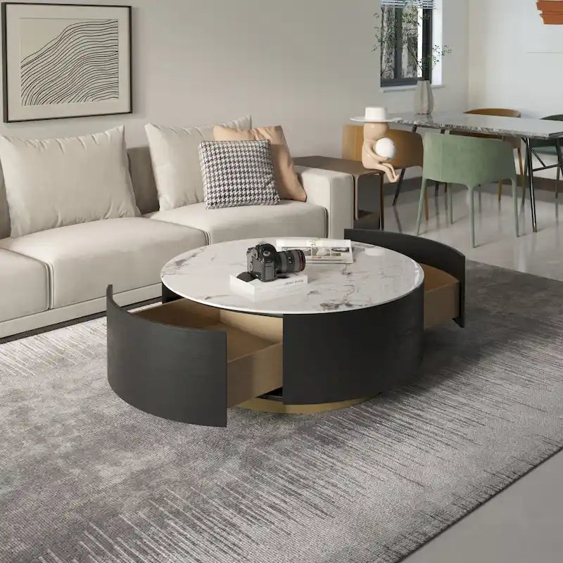 Table basse ronde moderne avec plateau en marbre, base en métal et 2 tiroirs