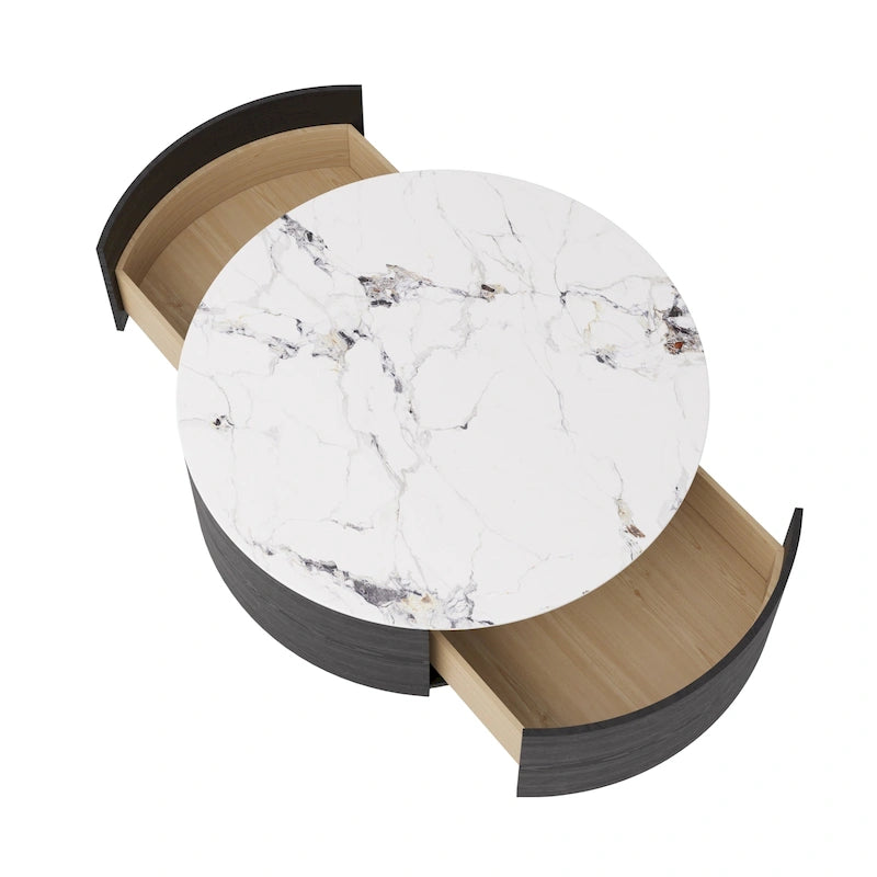 Table basse ronde moderne avec plateau en marbre, base en métal et 2 tiroirs