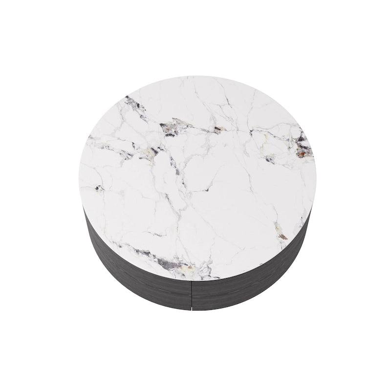 Table basse ronde moderne avec plateau en marbre, base en métal et 2 tiroirs