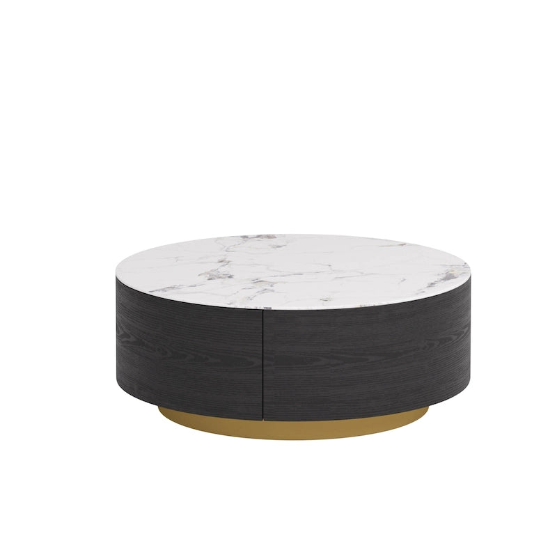 Table basse ronde moderne avec plateau en marbre, base en métal et 2 tiroirs