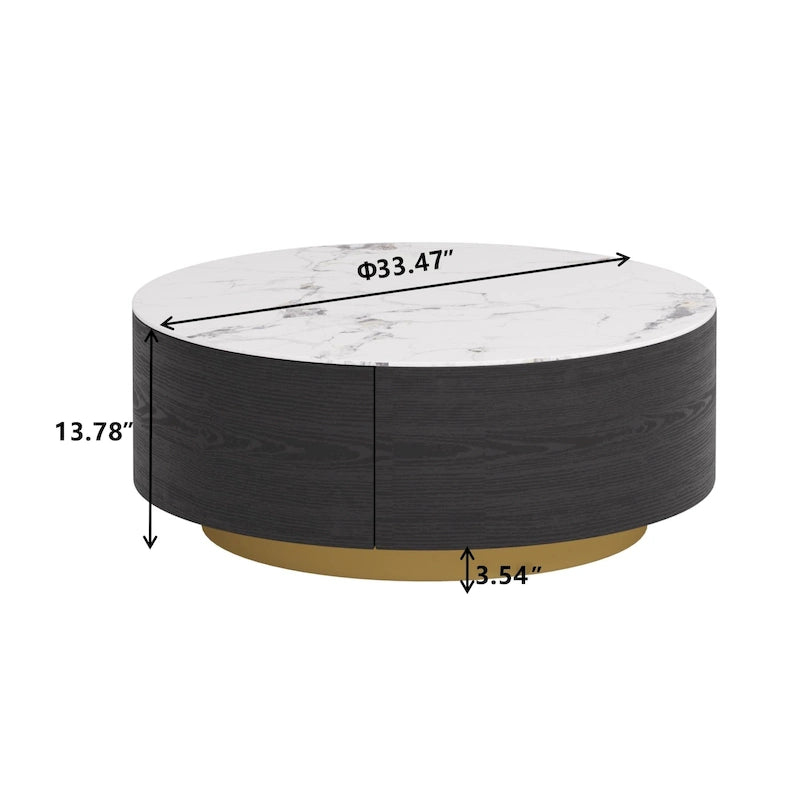 Table basse ronde moderne avec plateau en marbre, base en métal et 2 tiroirs