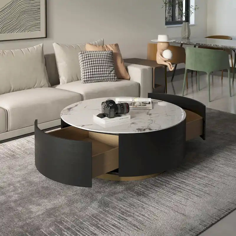 Table basse ronde moderne avec plateau en marbre, base en métal et 2 tiroirs
