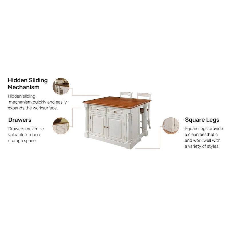 Ensemble d'îlot de cuisine 3 pièces Monarch de Homestyles en bois blanc cassé avec dessus en bois à abattant – 48 po x 25 po x 36 po