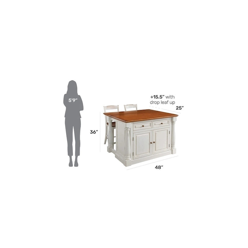 Ensemble d'îlot de cuisine 3 pièces Monarch de Homestyles en bois blanc cassé avec dessus en bois à abattant – 48 po x 25 po x 36 po