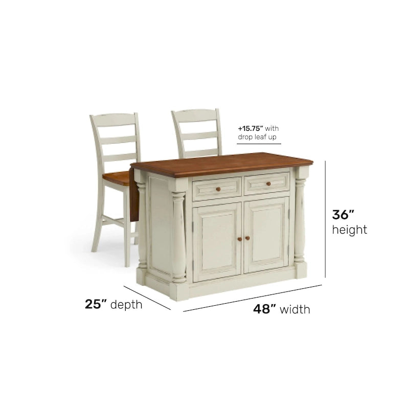 Ensemble d'îlot de cuisine 3 pièces Monarch de Homestyles en bois blanc cassé avec dessus en bois à abattant – 48 po x 25 po x 36 po