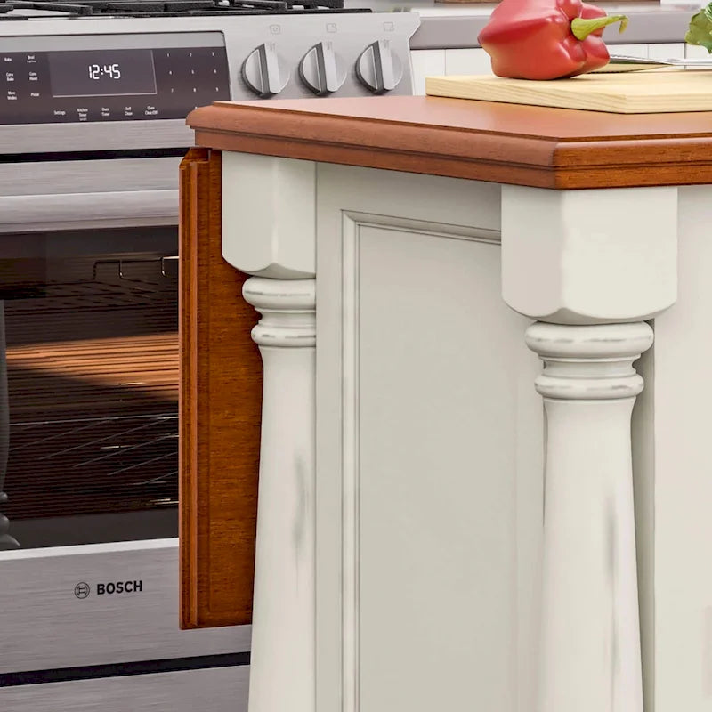Ensemble d'îlot de cuisine 3 pièces Monarch de Homestyles en bois blanc cassé avec dessus en bois à abattant – 48 po x 25 po x 36 po