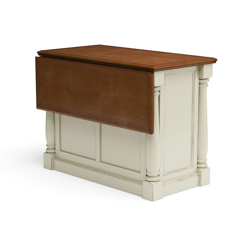 Ensemble d'îlot de cuisine 3 pièces Monarch de Homestyles en bois blanc cassé avec dessus en bois à abattant – 48 po x 25 po x 36 po