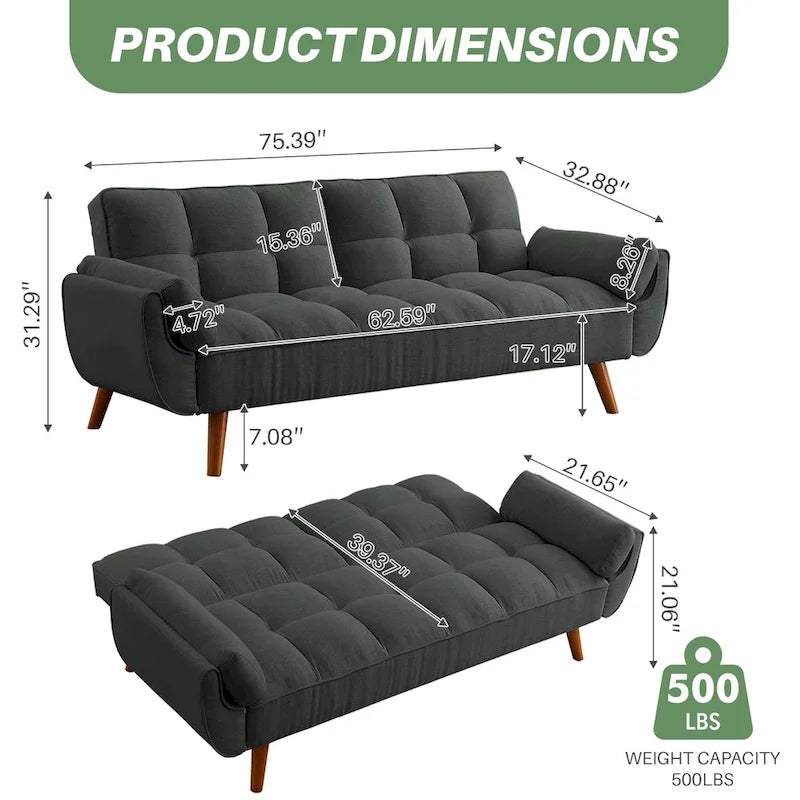 75.39 Canapé-lit Futon, Canapé Futon Pliant Convertible Transat Inclinable Pour Salon Avec 2 Oreillers/Accoudoirs