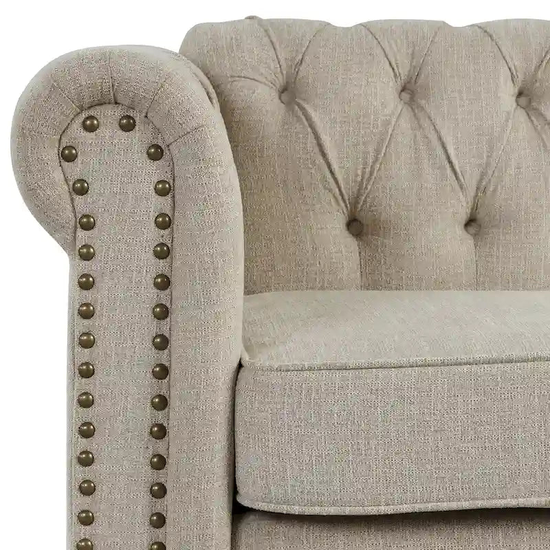 Causeuse Morden Fort Chesterfield en lin avec capitonnage, clous décoratifs et pieds en bois massif pour salon