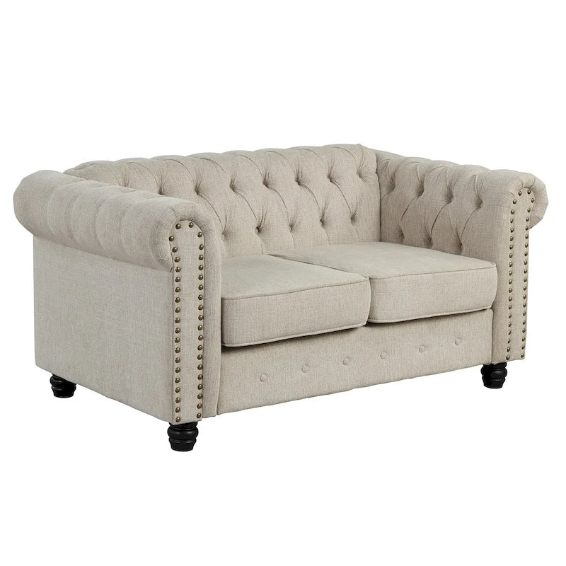 Causeuse Morden Fort Chesterfield en lin avec capitonnage, clous décoratifs et pieds en bois massif pour salon