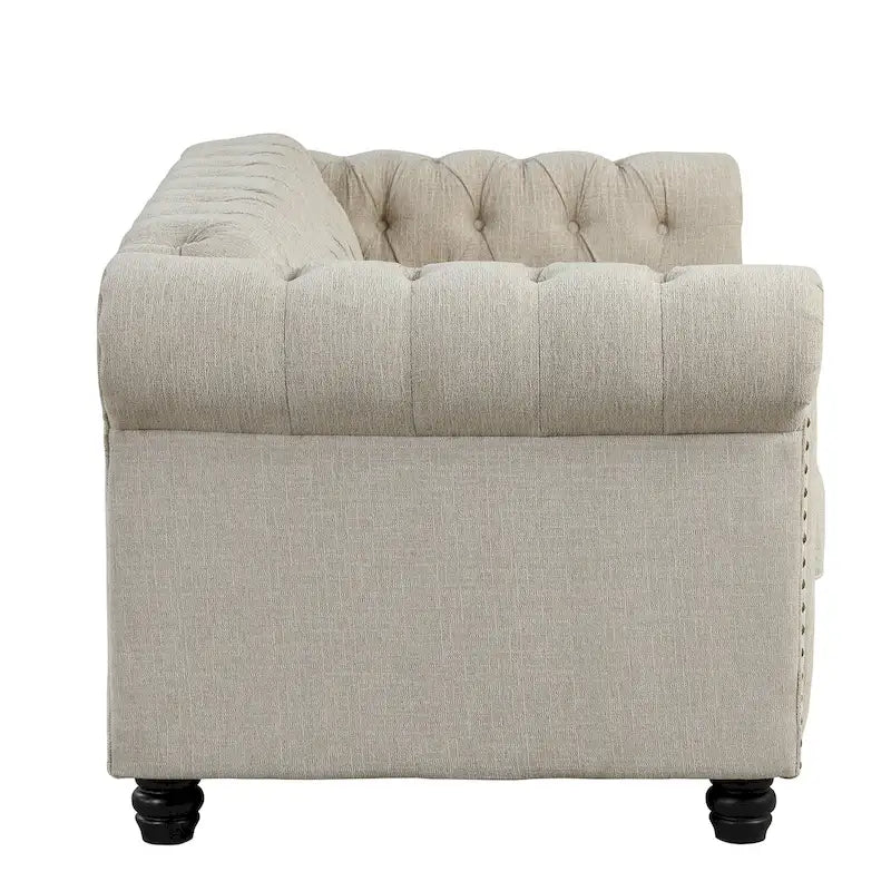 Causeuse Morden Fort Chesterfield en lin avec capitonnage, clous décoratifs et pieds en bois massif pour salon