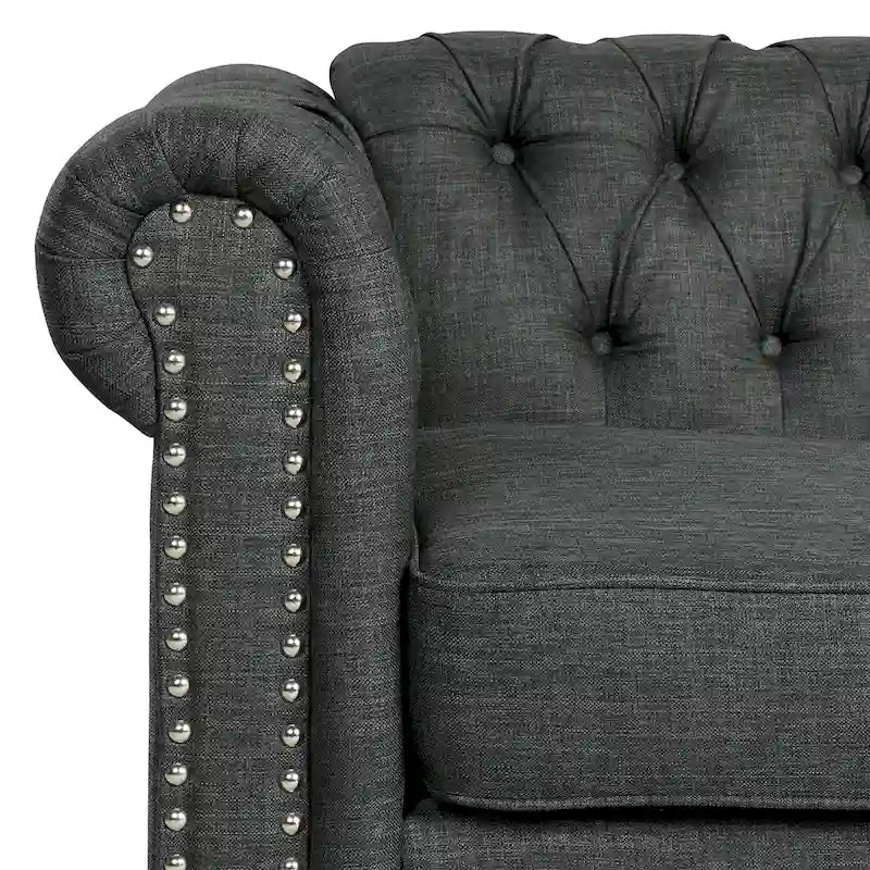 Causeuse Morden Fort Chesterfield en lin avec capitonnage, clous décoratifs et pieds en bois massif pour salon