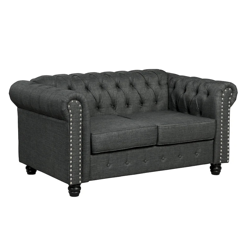 Causeuse Morden Fort Chesterfield en lin avec capitonnage, clous décoratifs et pieds en bois massif pour salon