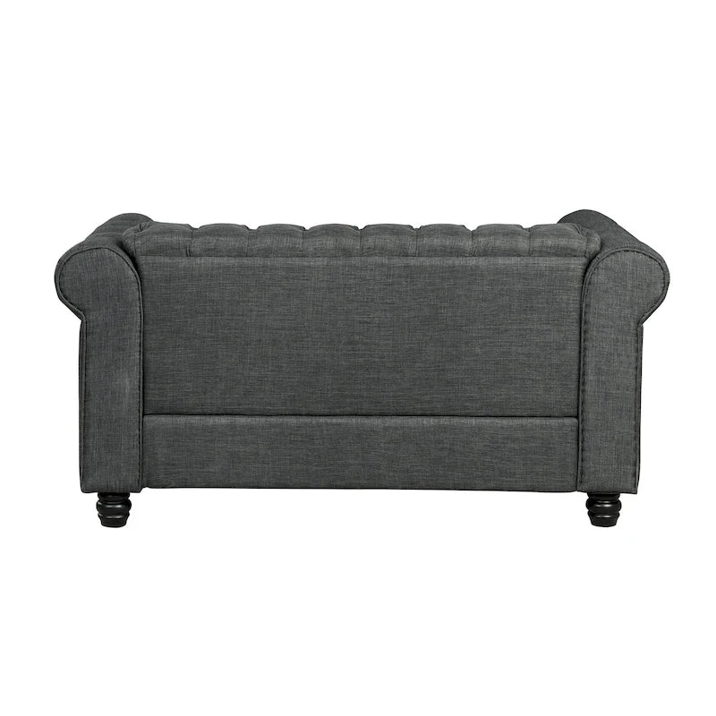 Causeuse Morden Fort Chesterfield en lin avec capitonnage, clous décoratifs et pieds en bois massif pour salon