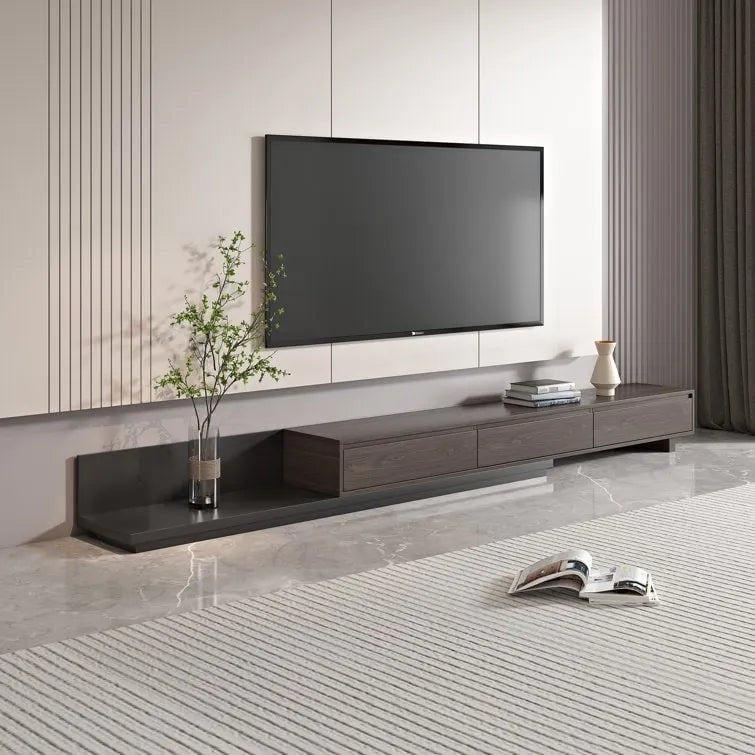 Meuble TV moderne extensible 118 cm avec 3 tiroirs spacieux, console multimédia à longueur réglable pour salon