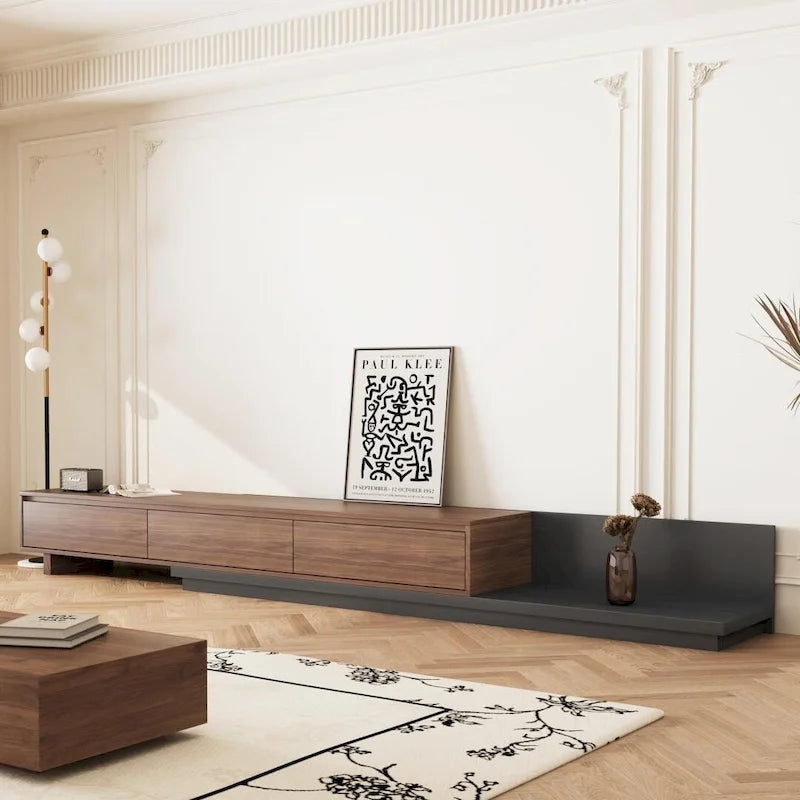 Meuble TV moderne extensible 118 cm avec 3 tiroirs spacieux, console multimédia à longueur réglable pour salon