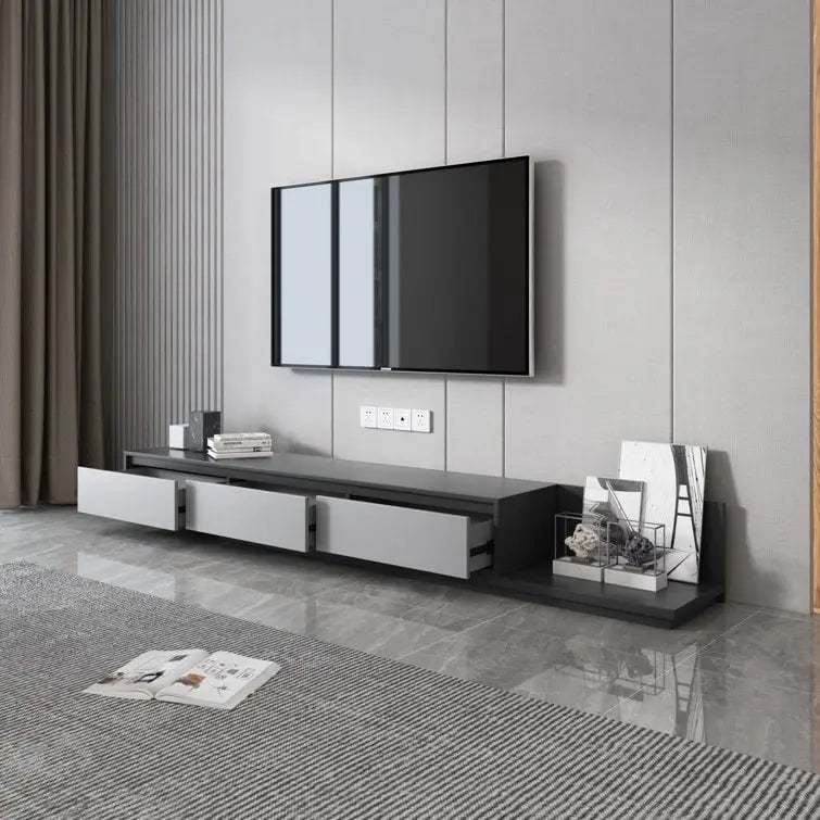 Meuble TV moderne extensible 118 cm avec 3 tiroirs spacieux, console multimédia à longueur réglable pour salon
