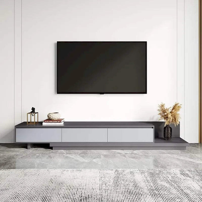 Meuble TV moderne extensible 118 cm avec 3 tiroirs spacieux, console multimédia à longueur réglable pour salon