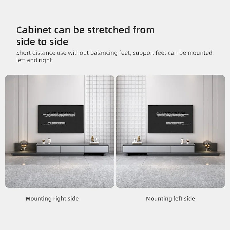 Meuble TV moderne extensible 118 cm avec 3 tiroirs spacieux, console multimédia à longueur réglable pour salon