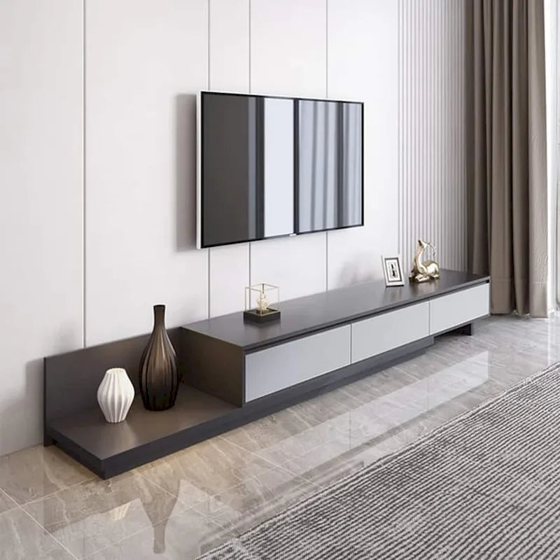 Meuble TV moderne extensible 118 cm avec 3 tiroirs spacieux, console multimédia à longueur réglable pour salon