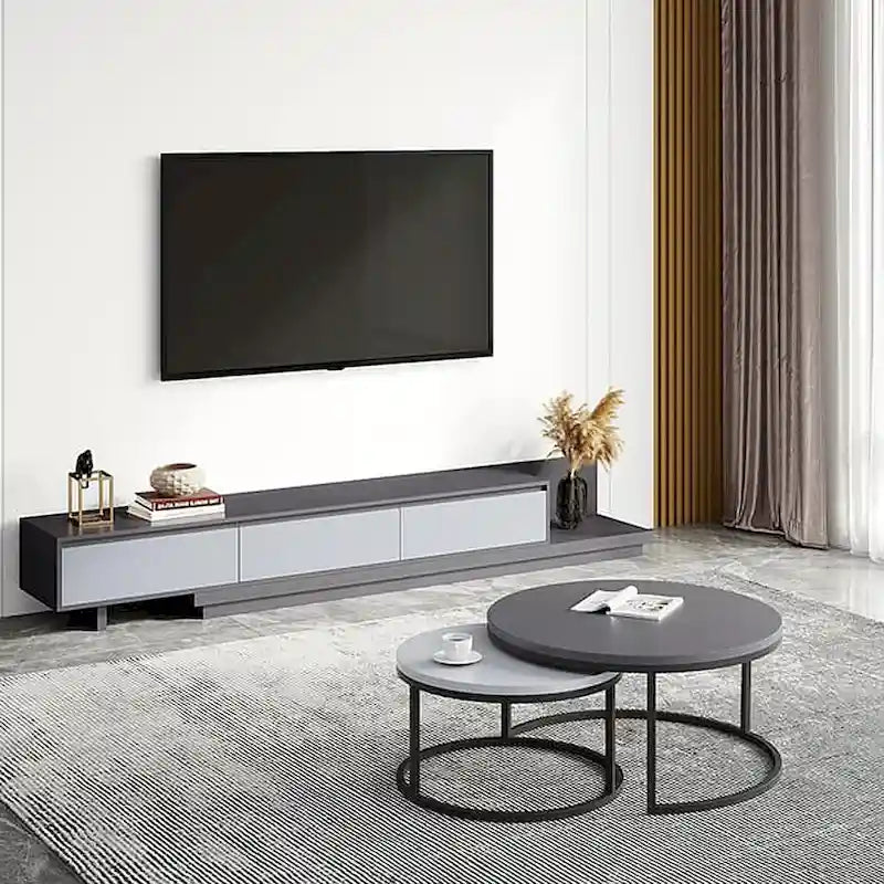 Meuble TV moderne extensible 118 cm avec 3 tiroirs spacieux, console multimédia à longueur réglable pour salon