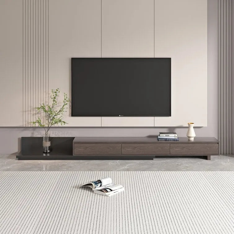 Meuble TV moderne extensible 118 cm avec 3 tiroirs spacieux, console multimédia à longueur réglable pour salon