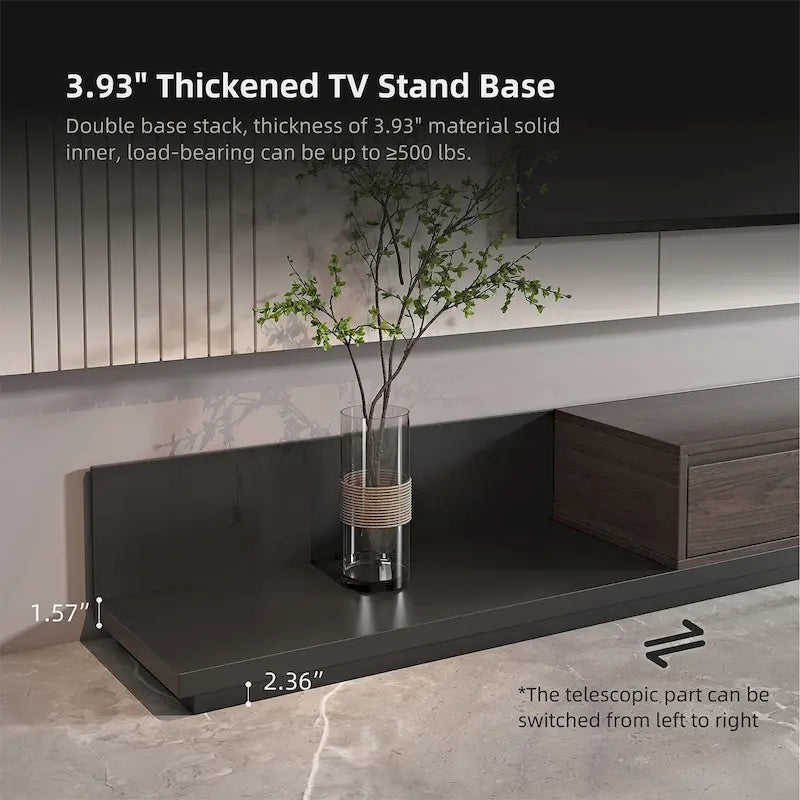 Meuble TV moderne extensible 118 cm avec 3 tiroirs spacieux, console multimédia à longueur réglable pour salon