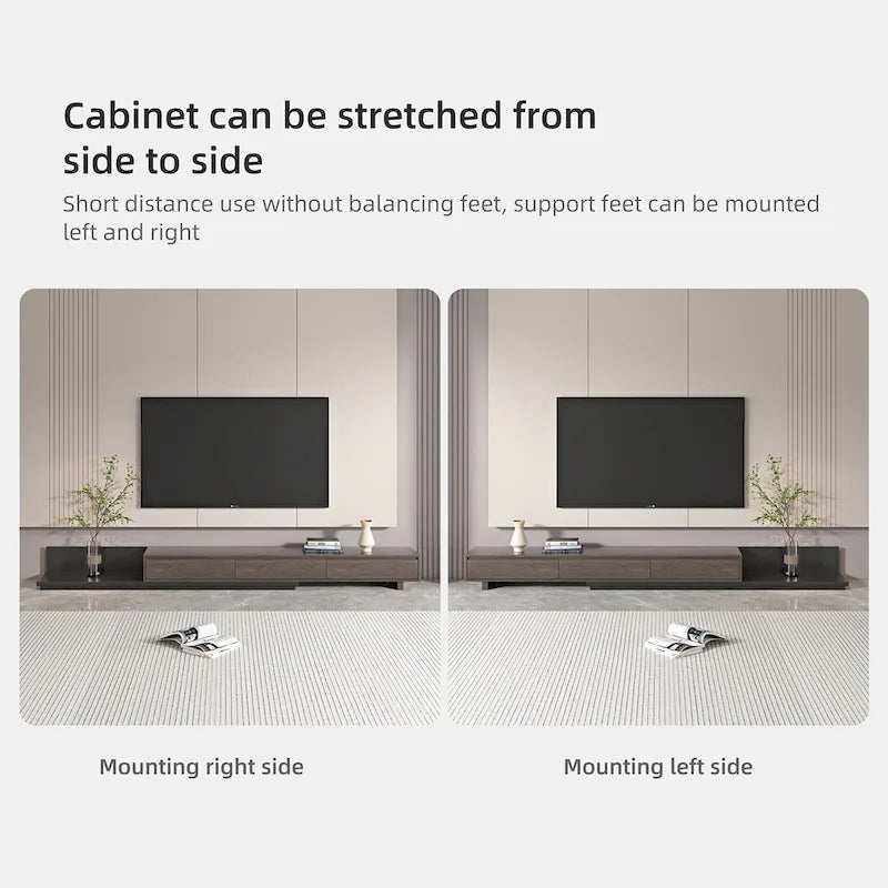 Meuble TV moderne extensible 118 cm avec 3 tiroirs spacieux, console multimédia à longueur réglable pour salon
