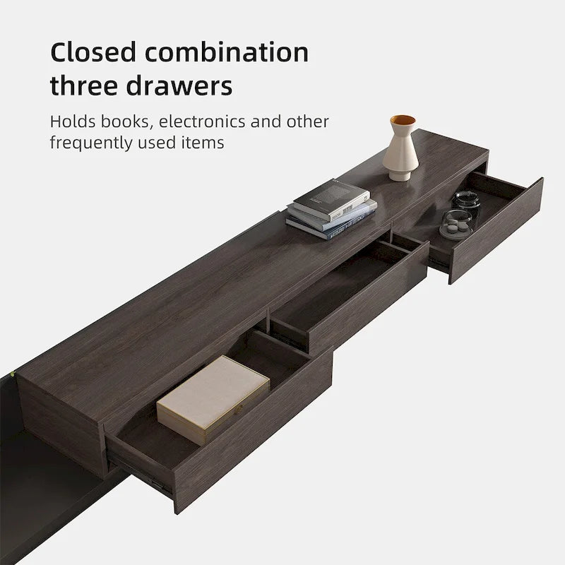 Meuble TV moderne extensible 118 cm avec 3 tiroirs spacieux, console multimédia à longueur réglable pour salon