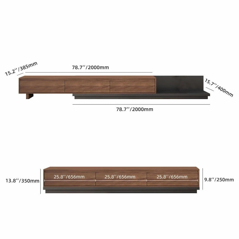 Meuble TV moderne extensible 118 cm avec 3 tiroirs spacieux, console multimédia à longueur réglable pour salon