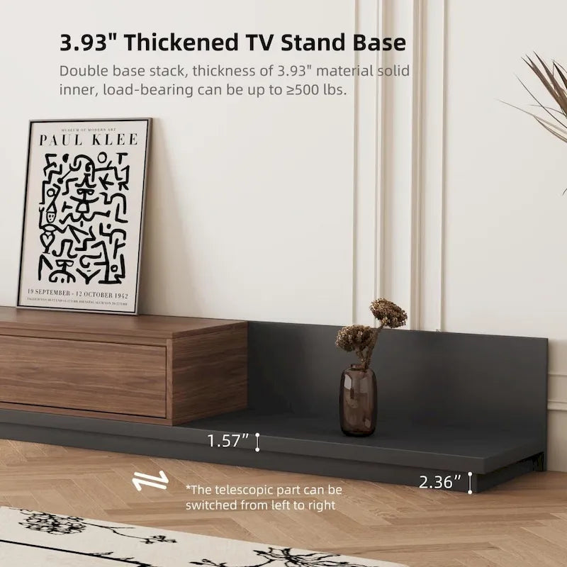 Meuble TV moderne extensible 118 cm avec 3 tiroirs spacieux, console multimédia à longueur réglable pour salon
