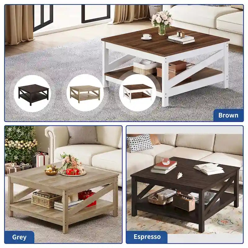 Tables basses carrées à 2 niveaux Moasis avec étagère, table basse pour salon