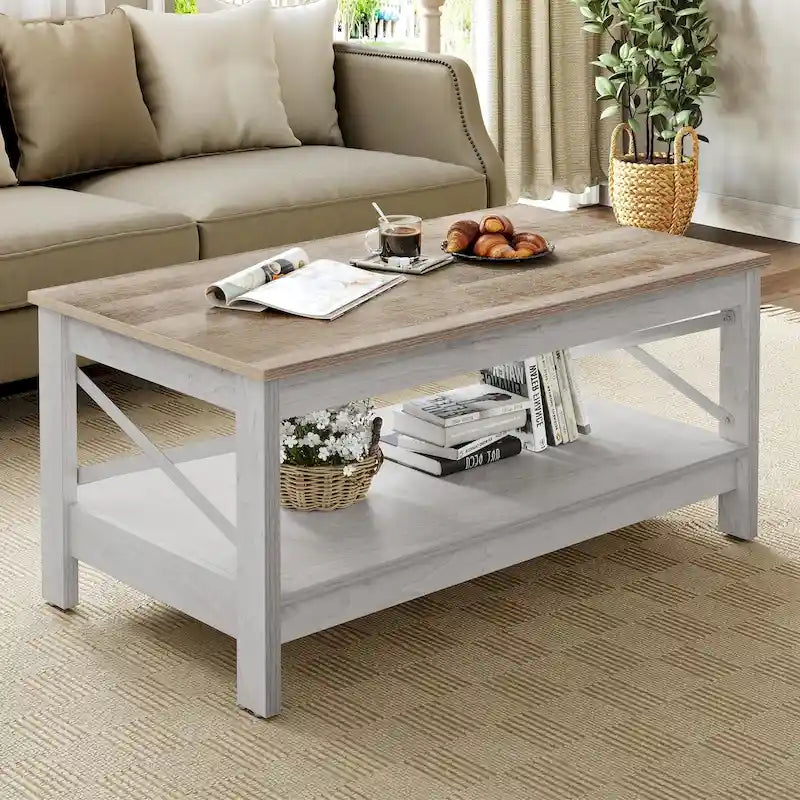 Table basse d'appoint en bois style rustique avec grande étagère de rangement