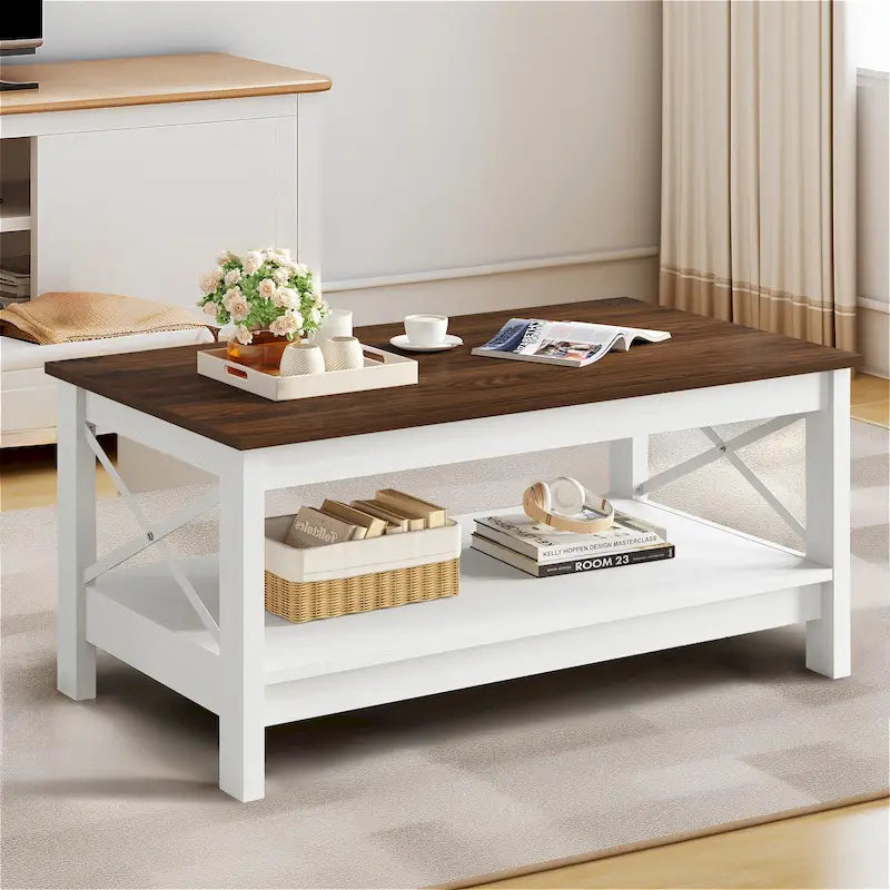 Table basse d'appoint en bois style rustique avec grande étagère de rangement
