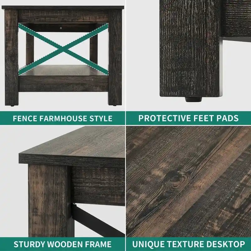 Table basse d'appoint en bois style rustique avec grande étagère de rangement