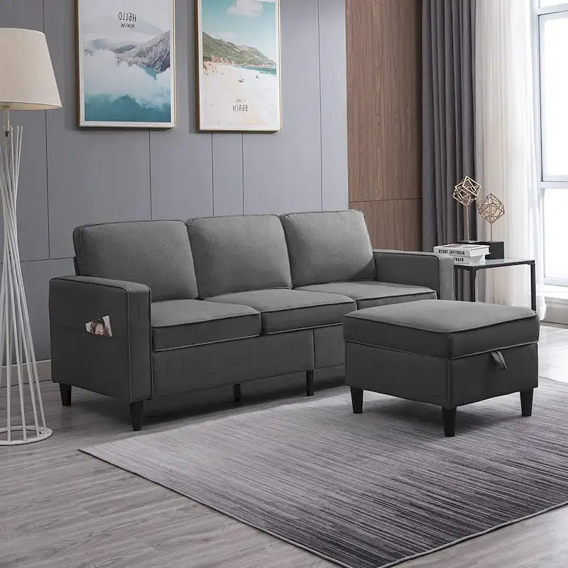 Canapé rembourré moderne en forme de L à 3 places avec pouf Mixoy 78 pouces