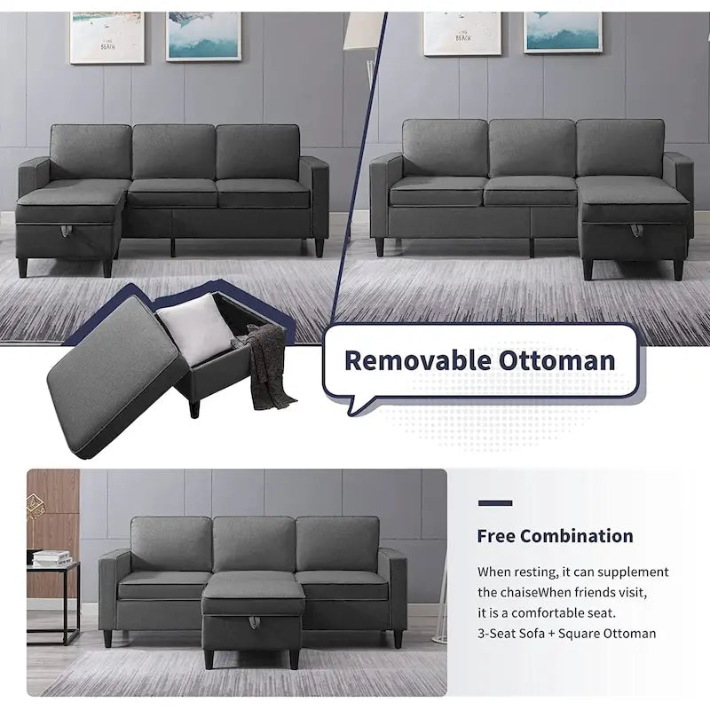 Canapé rembourré moderne en forme de L à 3 places avec pouf Mixoy 78 pouces