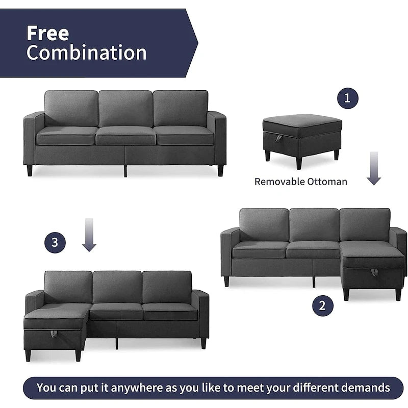 Canapé rembourré moderne en forme de L à 3 places avec pouf Mixoy 78 pouces